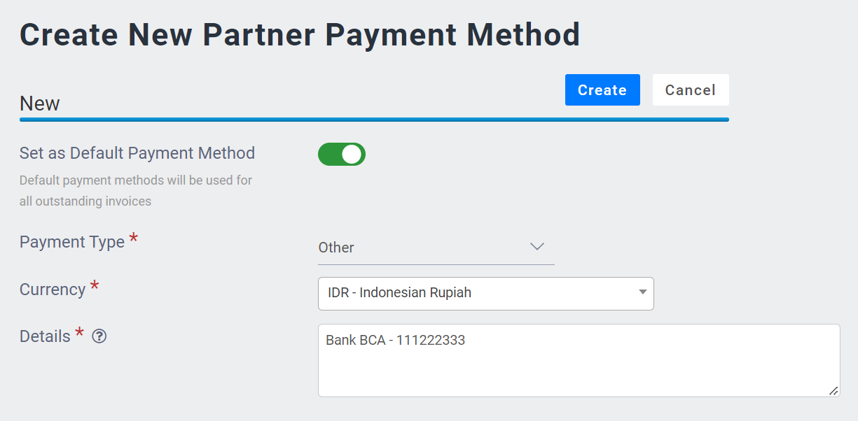 create new partner payment method page